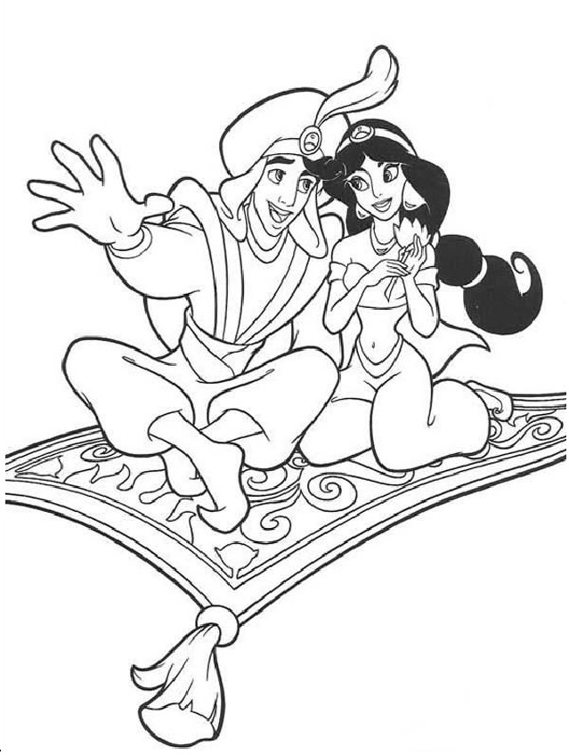 Aladdin, Jasmine and Flying Carpet Coloring Sheet - SheetalColor.com
