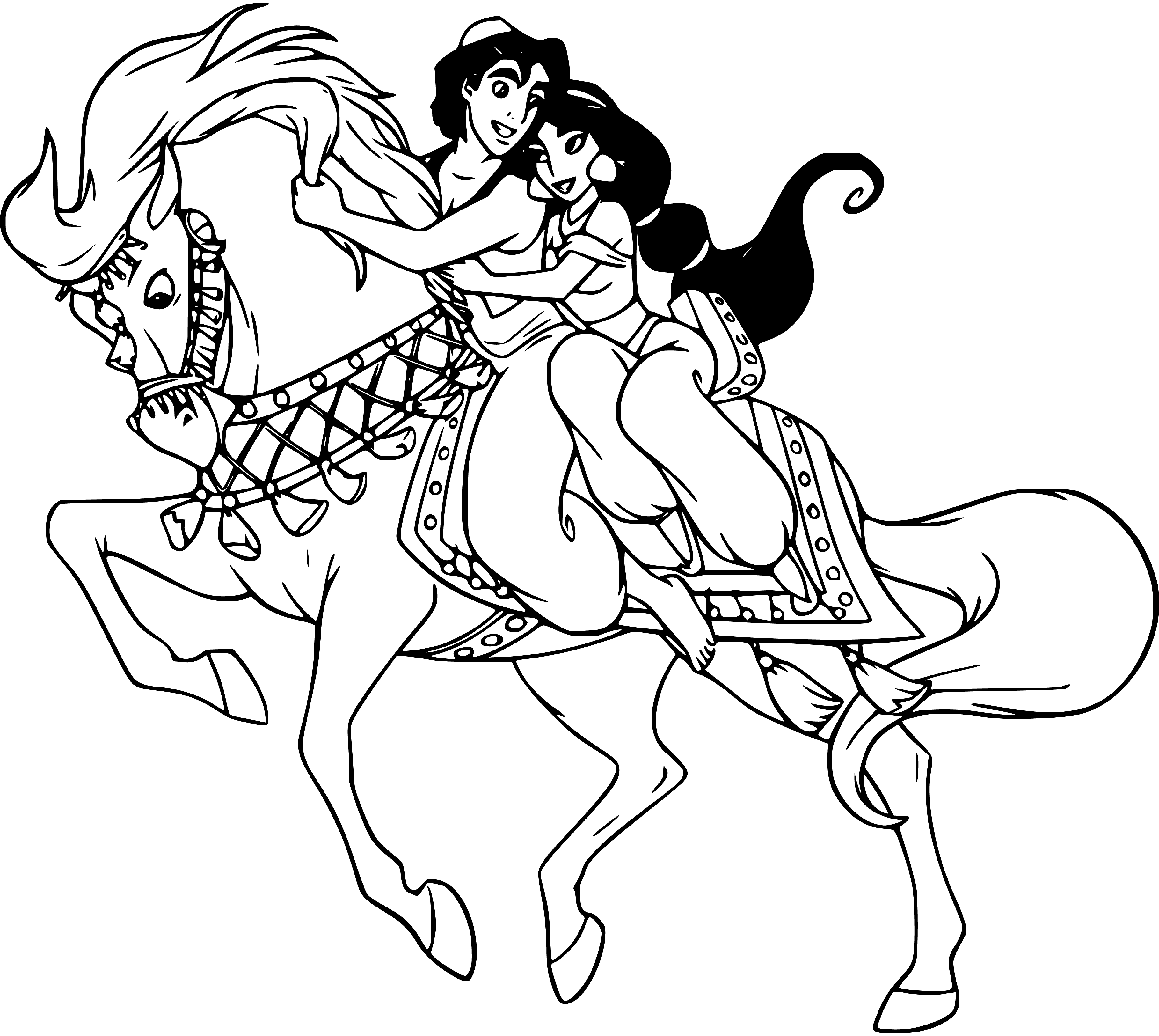 Aladdin and Jasmine riding a horse coloring sheet for kids - SheetalColor.com