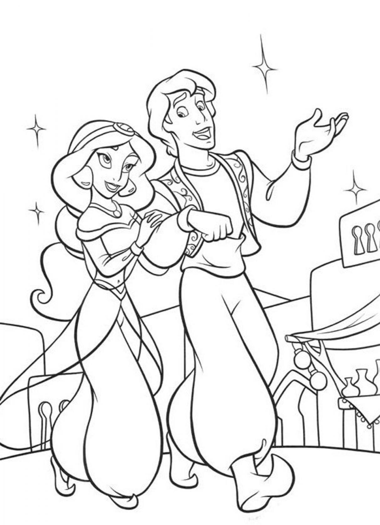 Prince Aladdin and Princess Jasmine coloring sheets for kids - SheetalColor.com