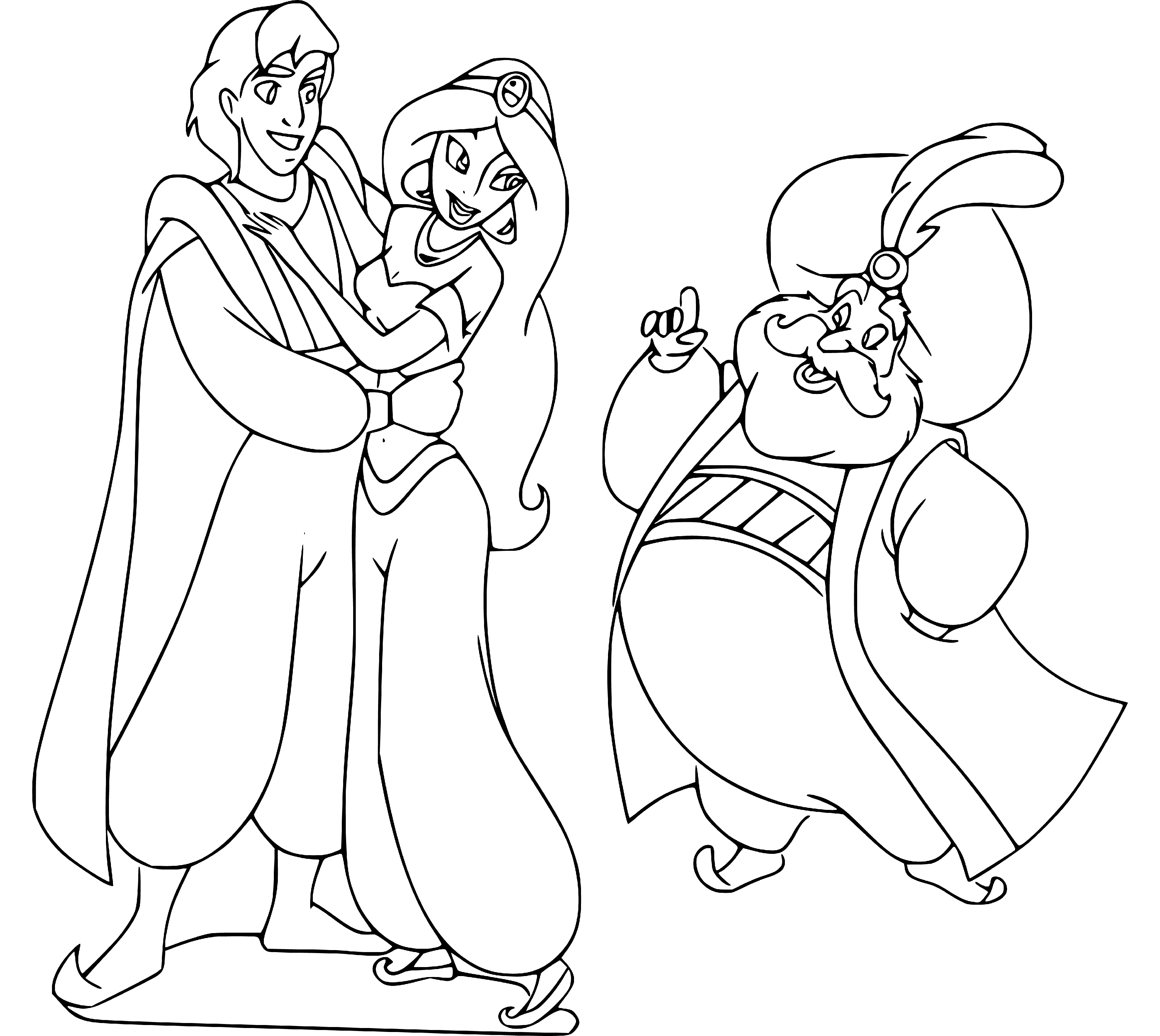 Aladdin, Jasmine and Sultan Coloring Page for Kids - SheetalColor.com