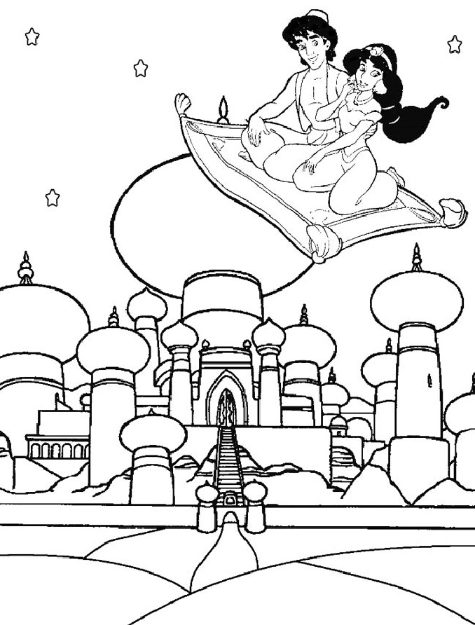 Aladdin and Jasmine Flying Carpet Coloring Page for kids - SheetalColor.com