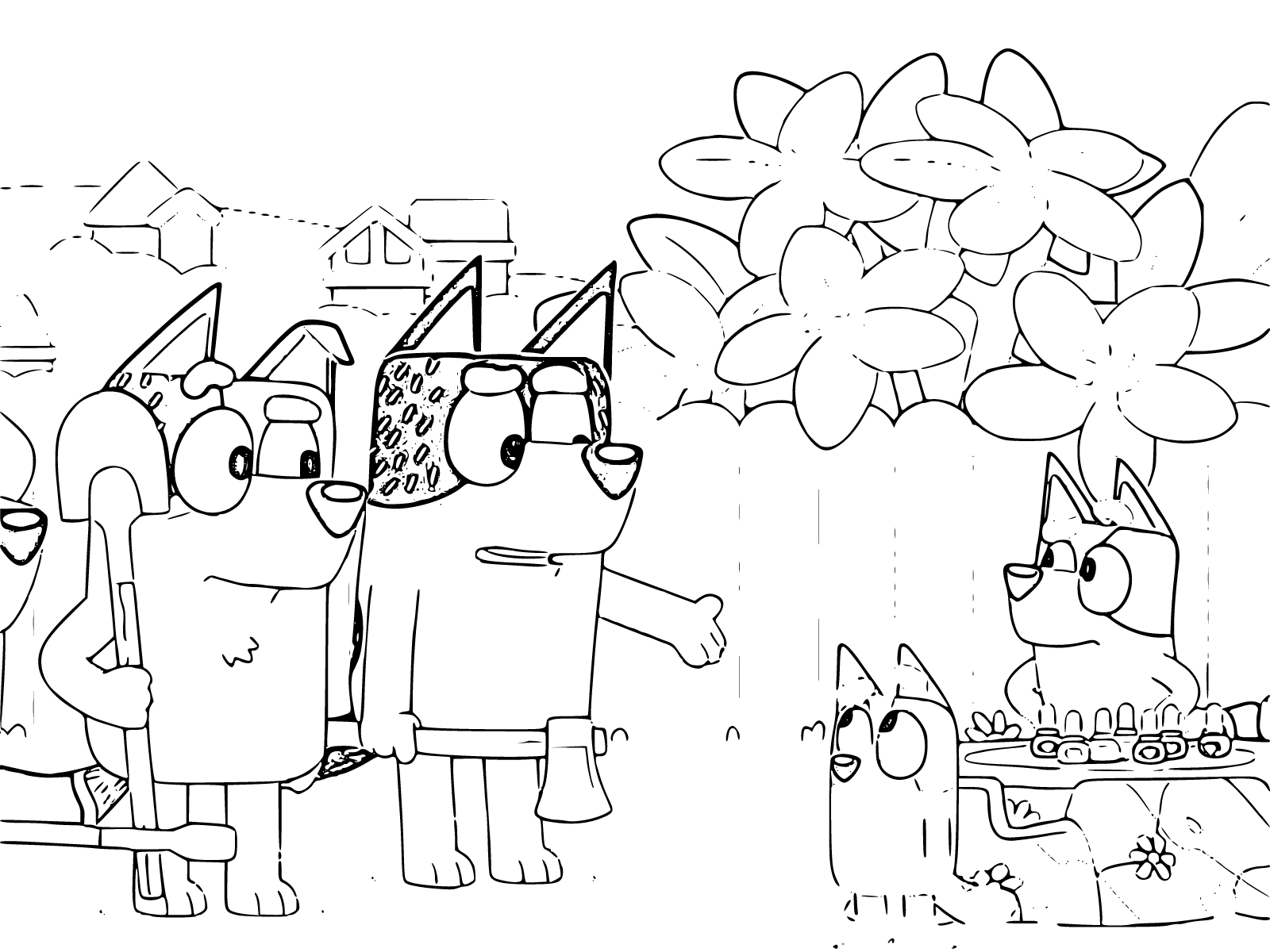 Bluey's Family; Bandit Heeler, Chili, Bingo and Bluey Coloring Sheet - SheetalColor.com