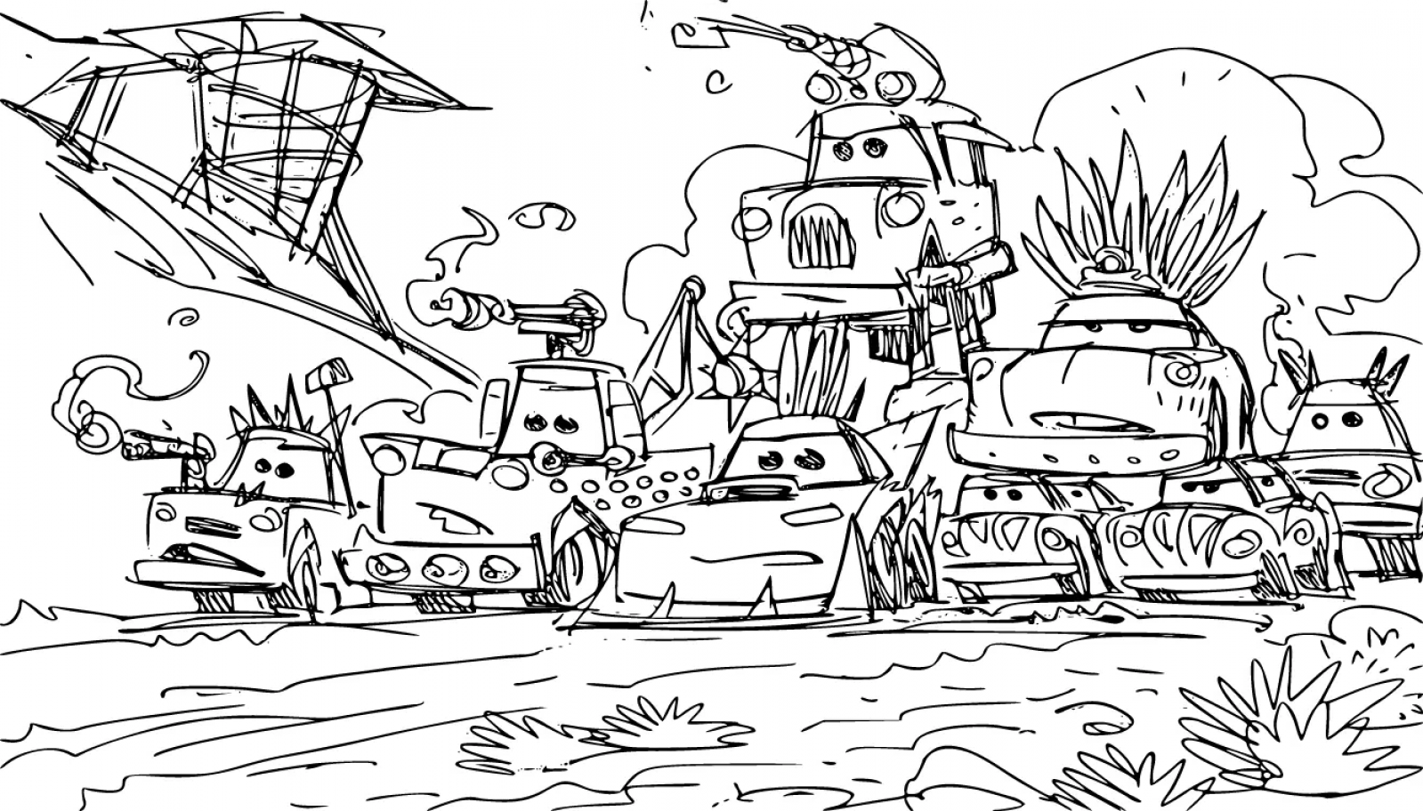Cars on the Road Art Work Coloring Page Black White - SheetalColor.com