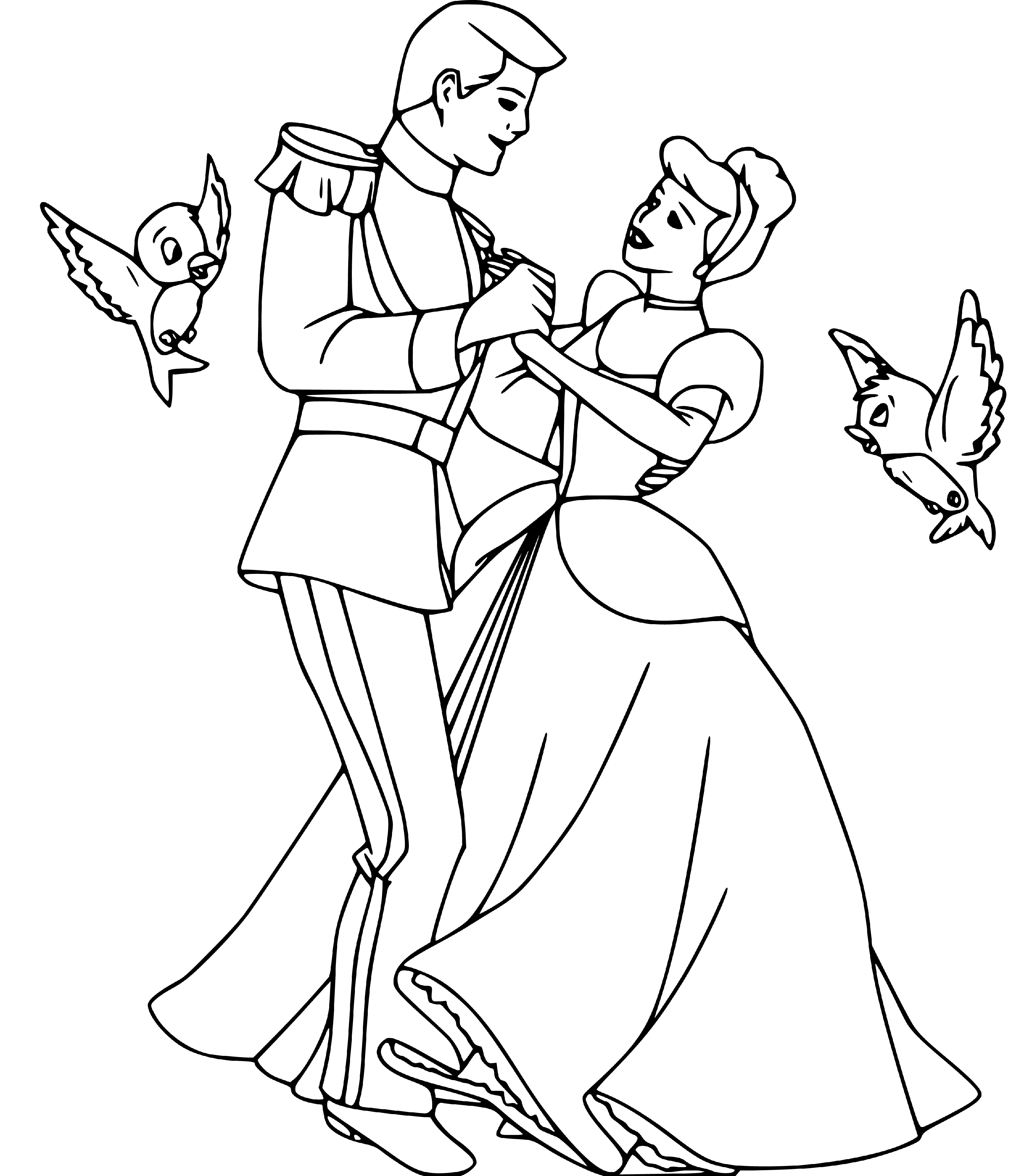Prince Charming and Cinderella Dancing and Birds Coloring Pages for Kids printable - SheetalColor.com