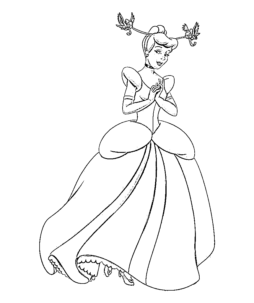 Cinderella and Birds on her hair Coloring Page - SheetalColor.com