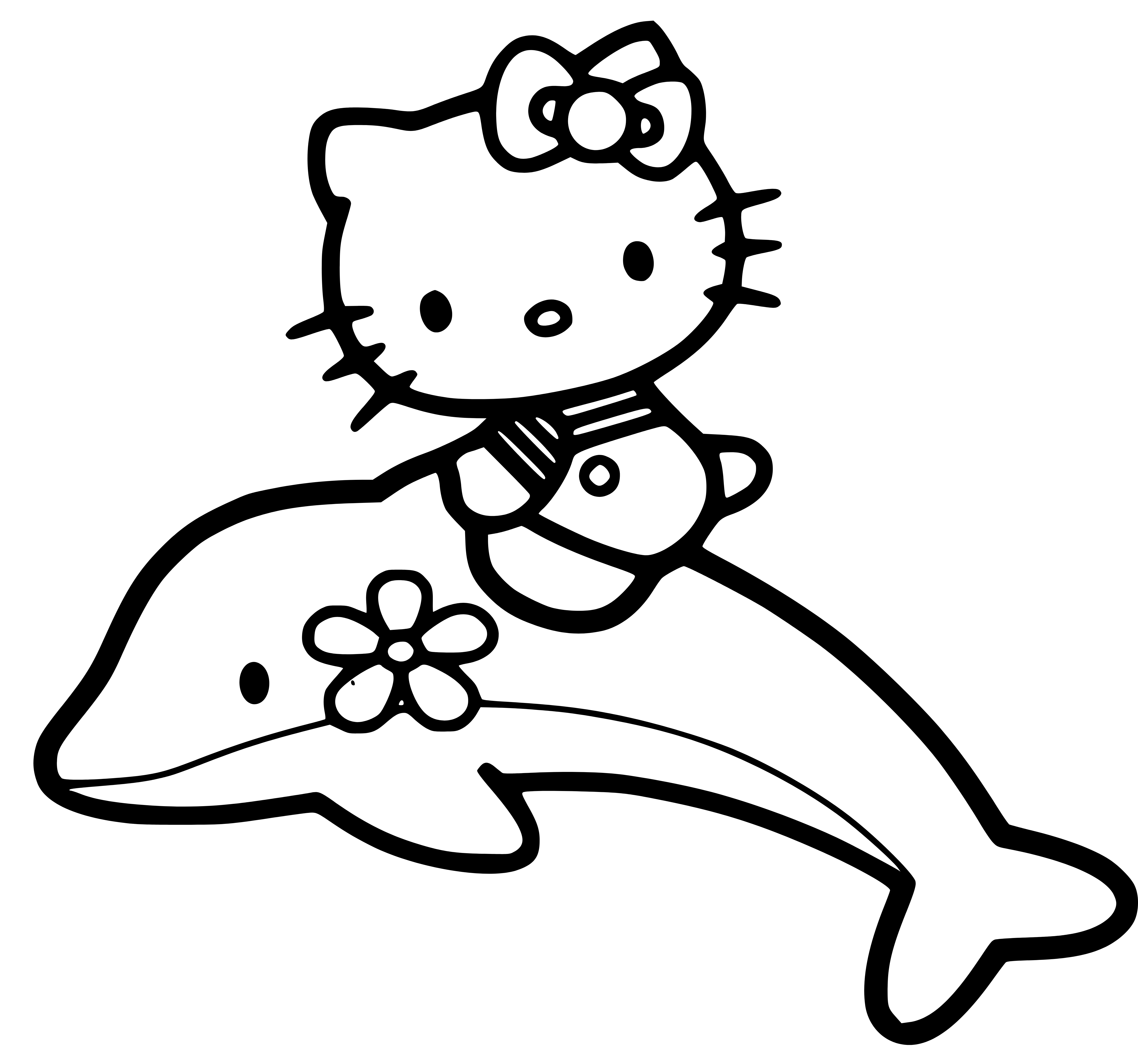 Hello Kitty riding a Dolphin Coloring Page for Kids - SheetalColor.com