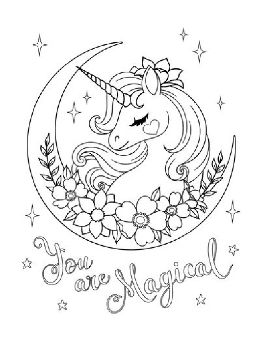 The magical unicorn is sleeping leaning against the crescent part of the moon. - SheetalColor.com