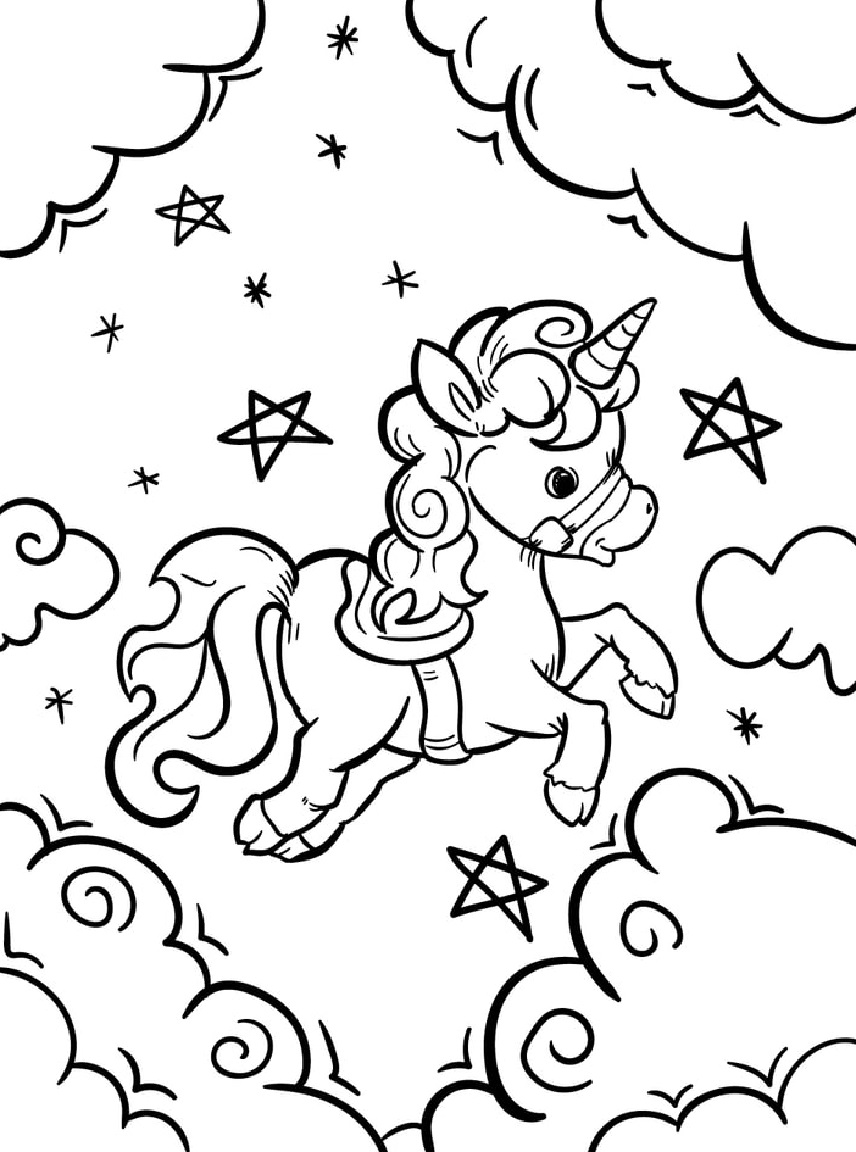 The child unicorn flies around magically by soaring among the stars and clouds - SheetalColor.com
