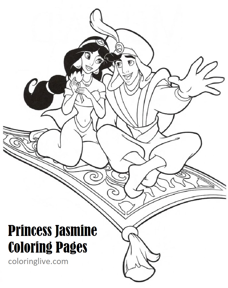 Princess Jasmine and Prince Aladdin on Flying Carpet coloring page - SheetalColor.com