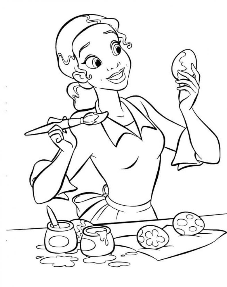 Prenses Tiana painting an egg coloring page - SheetalColor.com