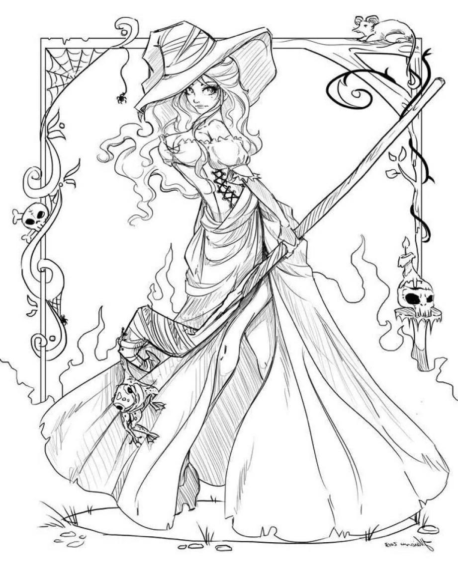 Witch Coloring Page Goth Fantasy Printable - SheetalColor.com