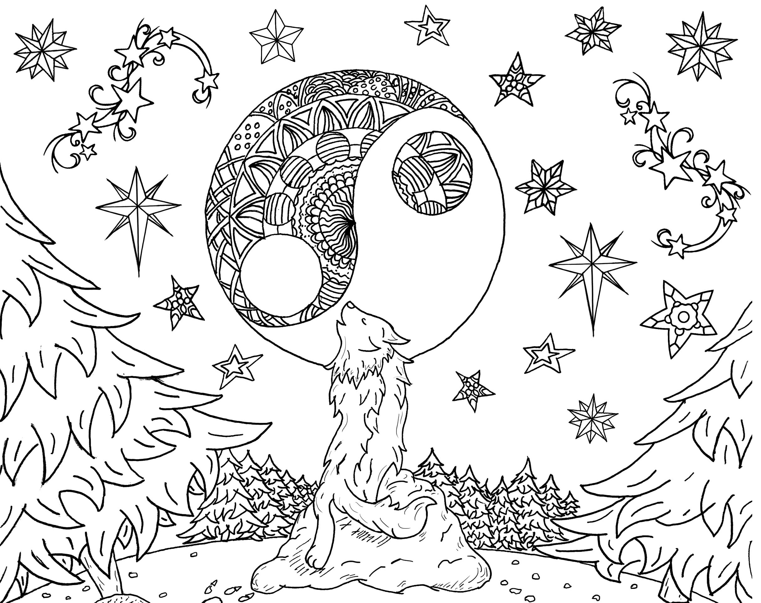 Wolf and Moon (Mandala) Coloring Page for Adults - SheetalColor.com